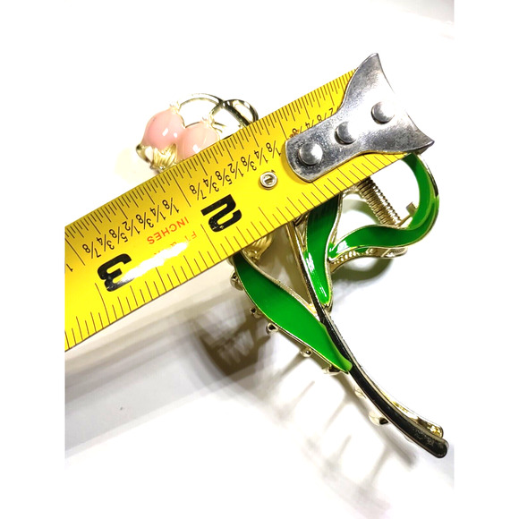 Hair Clip Barrette Snow Drop Flower Messy Hair Bun Pink Green Gold Tone Wedding - Picture 9 of 9